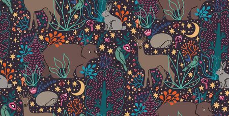 Vector seamless pattern with hand drawn flat funny animals bear, deer, hedgehog, hare, bird, trees. Cute background with forest. Woodland ornament for childrens design, print, textile, wallpaper.のイラスト素材