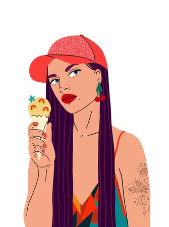 Portrait of a beautiful woman in a cap, with long hair, in a bright sundress, holding an ice cream. Summer concept. The confident girl isolated on a white background.のイラスト素材