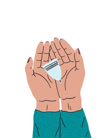 Female hands hold the menstrual cup. Female health concept, zero waste alternatives. Girls lifestyle. Illustration isolated on white background.のイラスト素材