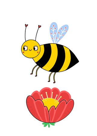 A cute bee flies over a beautiful bright flower. Childrens illustration isolated on a white background.のイラスト素材
