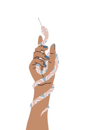 A snake curling on a womans hand. Concept of a hand holding a snake. Wild West. Illustration isolated on white background.のイラスト素材