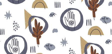 Hand drawn modern illustration with fashionable abstract various shapes and eye, doodle objects. Abstract modern trendy vector seamless pattern. Retro, pin-up repeating texture.のイラスト素材
