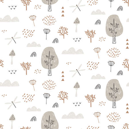 Seamless pattern with dragonfly, clouds, trees. Hand drawn forest pattern is endlessly repeating. Can be used for kids, covers, fabrics, wallpapers, home decor. Vector illustrationのイラスト素材