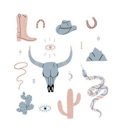 Wild west set, buffalo skull, eye, mountains, cactus, cowboy hat, cowboy boot, viper. Vector illustration collection isolated on white background.のイラスト素材