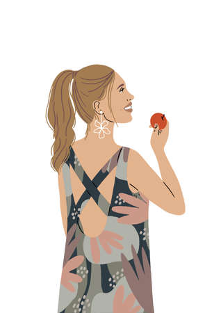 A beautiful girl in a bright sundress smile and holds an apple in her hand. Womans hair in a ponytail, happy and eating a healthy diet, veggie. Illustration isolated on white background.のイラスト素材