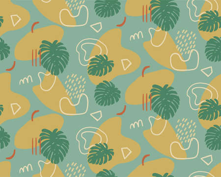 Hand drawn modern illustration with fashionable abstract various shapes and tropical leaves, doodle objects. Abstract modern trendy vector seamless pattern. Retro, pin-up repeating texture.のイラスト素材