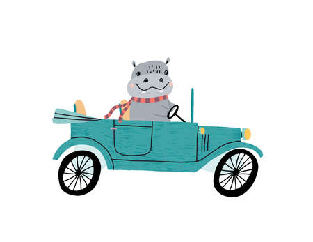 Cute hippo driving a retro car. Childrens hand draw vector illustration.のイラスト素材