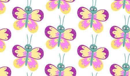 Seamless pattern with cute butterflies with funny surprised eyes. Vector illustration can be used for fabric, wrapping, wallpapers, web page backgrounds, textile.のイラスト素材