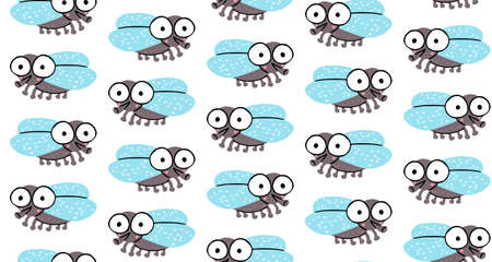 Seamless pattern with cute fly with funny surprised eyes.のイラスト素材
