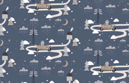Seamless pattern with houses, mountains, trees, clouds, snow, house, and car. Hand drawn winter illustration in Scandinavian style for kids. For textiles, postcards, baby shower, babywear, nursery.のイラスト素材
