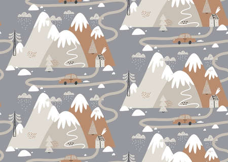 Seamless pattern with houses, mountains, trees, clouds, snow, house, and car. Hand drawn winter illustration in Scandinavian style for kids. For textiles, postcards, baby shower, babywear, nursery.のイラスト素材