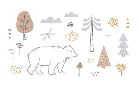 Set with cute bear, trees, clouds. Scandinavian style illustration isolated on white background.のイラスト素材
