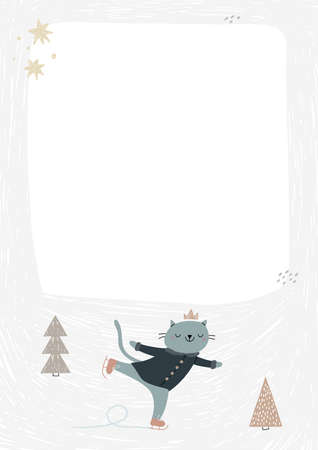 Frame with cute cat ice skating. Frame for an invitation, baby photo album, postcard, or notebook. Pastel colors, vector childrens illustration.のイラスト素材