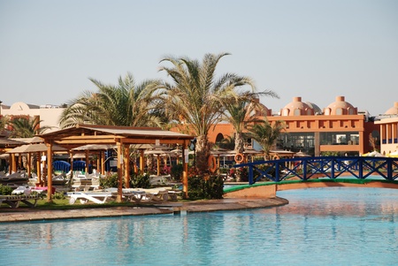 Pool with the bridge in territory of hotel Titanic the Oriental carpet. Egypt. Hurgada.のeditorial素材