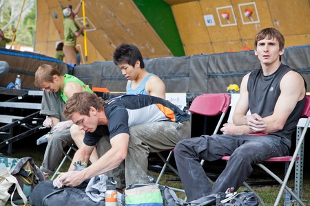 Vail, Colorado, USA - June 3rd 2011 - The Teva Mountain Games - Bouldering World Cup, qualification - Daniel Woods and other climbers are resting between two climbs.のeditorial素材