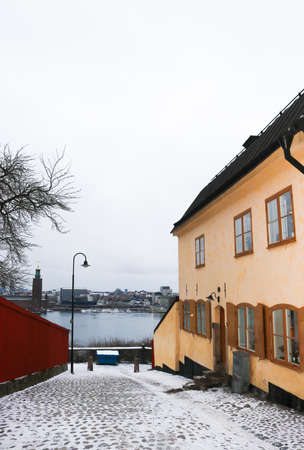 View of Stockholm city from a snowy street in Sodermalm, Sweden.の写真素材