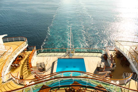 ENGLISH CHANNEL, UK WATERS - May 2017: Swimming pool on the rear deck of a P and O cruise ship en route to Bruges, Belgium.のeditorial素材