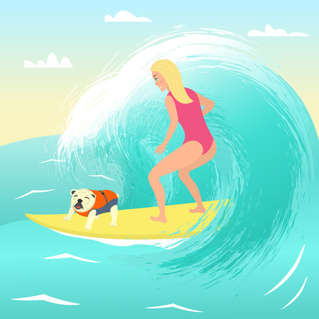 Girl on surfboard with dog.のイラスト素材