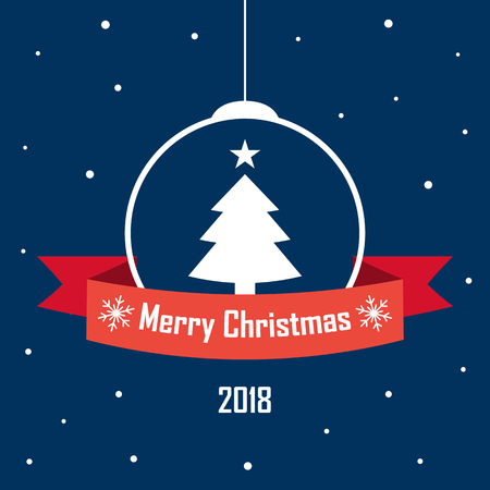 Christmas bauble framed with a red ribbon with an inscription. Vector illustration on a blue background.のイラスト素材