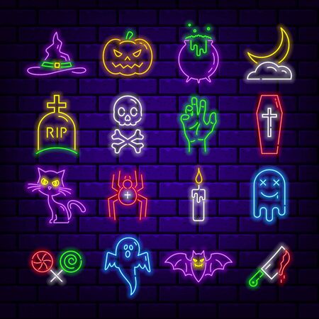 Set of neon Halloween themed icons on a dark brick background.のイラスト素材