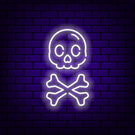 Neon skull icon with bones on dark brick background.のイラスト素材