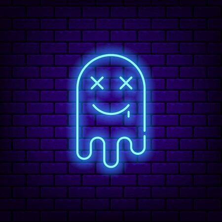 Neon funny Ghost icon on dark brick background.のイラスト素材