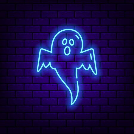 Neon Ghost icon on dark brick background.のイラスト素材