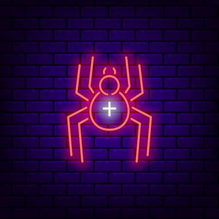 Neon spider icon on dark brick background.のイラスト素材