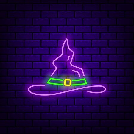 Neon witch hat icon on dark brick background.のイラスト素材