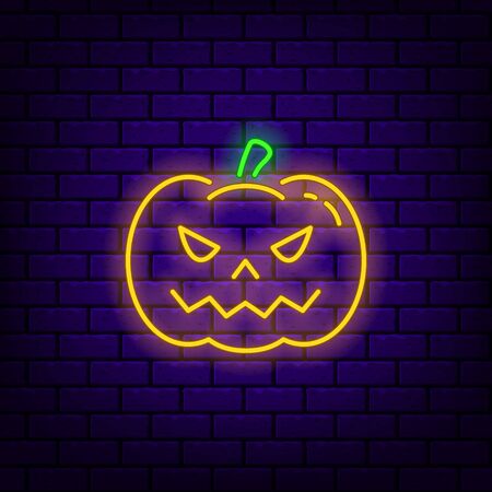 Neon pumpkin icon on dark brick background.のイラスト素材