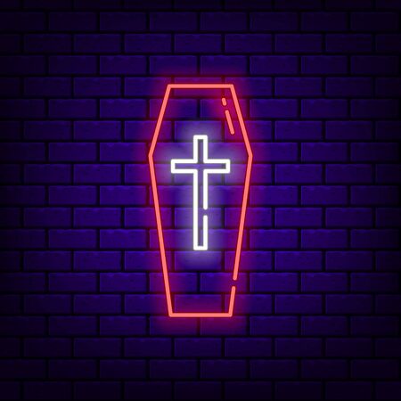 Neon coffin icon on dark brick background.のイラスト素材