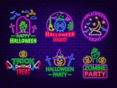 Halloween party. A set of neon signs on a dark brick background.のイラスト素材
