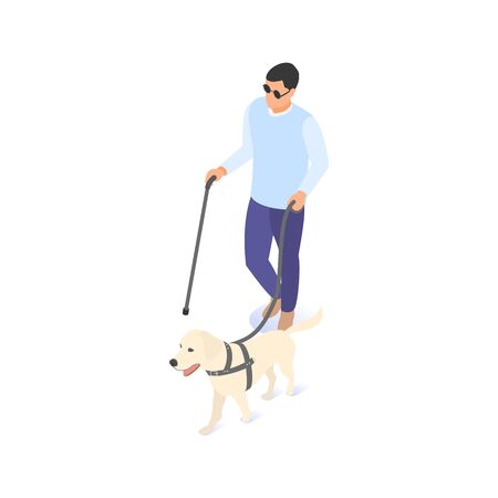 Blind man on a walk with a cane and a guide dog.のイラスト素材