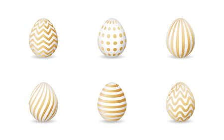 Set of isolated modern easter eggs with geometric golden ornaments on a white background.のイラスト素材
