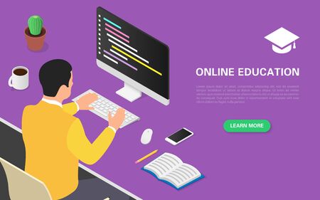 Modern online education banner concept. A student is studying online courses on a computer remotely. Home schooling, retraining, specialization. Vector isometric illustration on a white background.のイラスト素材
