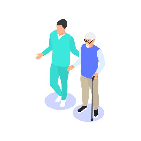 Medical staff helps an elderly man with a cane to move around. Vector isometric illustration.のイラスト素材