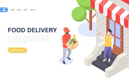 Safe Delivery Concept. A courier in a protective mask and gloves delivers food to the client at home.のイラスト素材