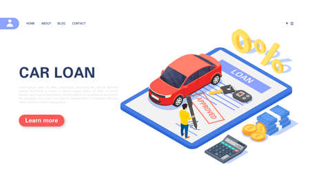 Concept banner of car loan or vehicle rental. A man signs an approved contract.のイラスト素材