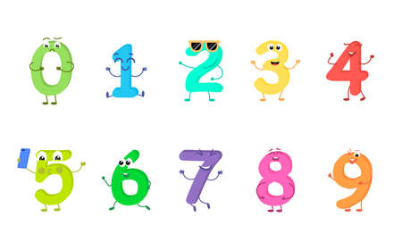 Set of funny cartoon characters from numbers isolated on white background.