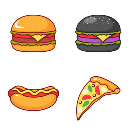 Set of isolated icons of burger, pizza and hot dog on a white background.のイラスト素材