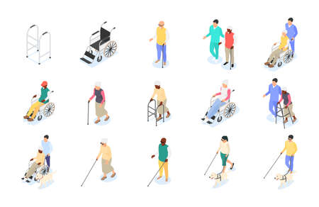 A group of adults with disabilities of different ages. Caring for the elderly.のイラスト素材