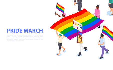 Pride march banner. A group of walking people with LGBTQ flags and posters in their hands. Defending rights and freedoms.のイラスト素材