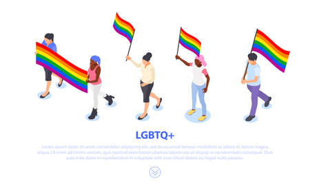 Group of people holding lgbtq flags isolated on white background. Defending rights and freedoms.のイラスト素材