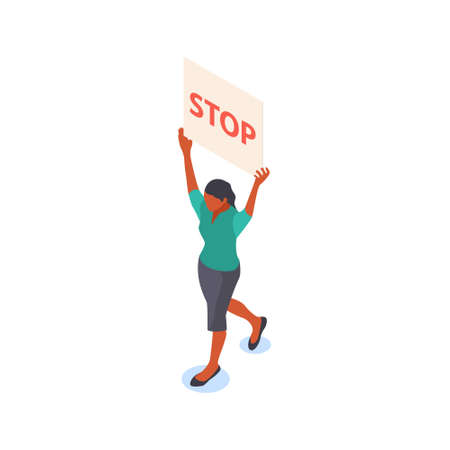 A woman carries a protest poster with the words Stop. Isolated on a white background.のイラスト素材