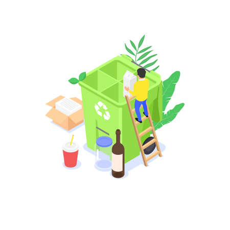 The concept of separate collection of waste and recycling. A small man collects household waste in a garbage container.のイラスト素材