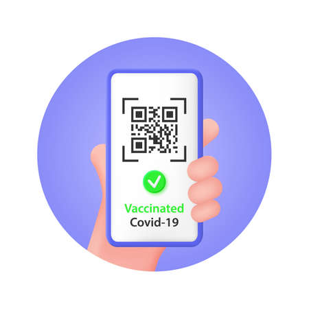 A hand holds a smartphone with the QR code of the Covid-19 vaccination certificate.のイラスト素材
