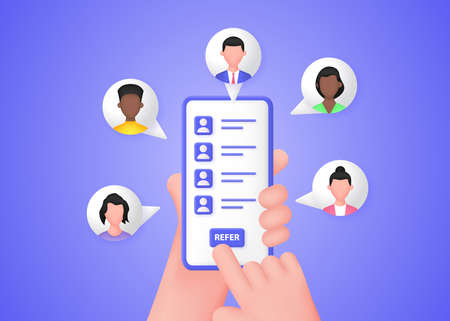 Refer a friend concept. Hands hold a smartphone with contacts of friends. Earnings on an affiliate or referral program.のイラスト素材