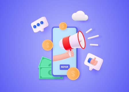 Refer a friend concept. People share information about making money with affiliate referrals. Social media marketing for friends.のイラスト素材