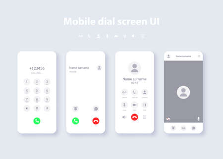 Smartphone user interface concept template. Design of dialing, call, video call, keyboard for typing messages on phone display.のイラスト素材