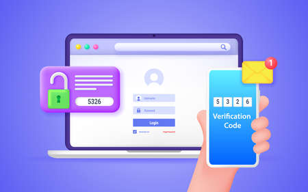 Secure password verification with two-factor authentication. SMS notification with a security code on a smartphone, 2fa, checking the entrance on the site.のイラスト素材